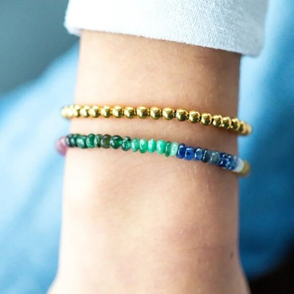 GORGEOUS Rainbow SAPPHIRE Beaded Bracelet Waterproof Gold Non-Tarnish Bracelet